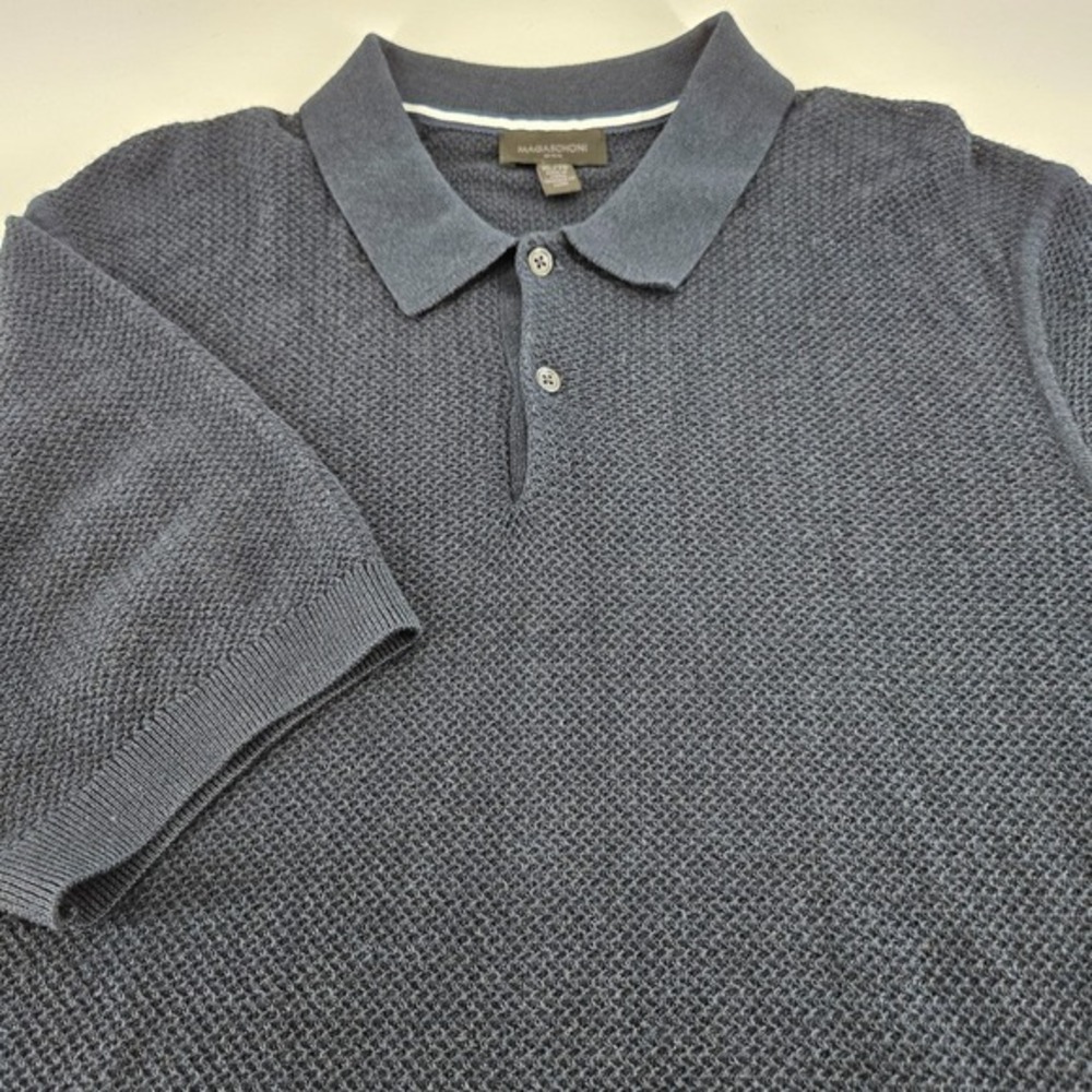 Magaschoni Man XL Navy Blue Knit Polo Shirt Short Sleeve Cotton Blend Textured